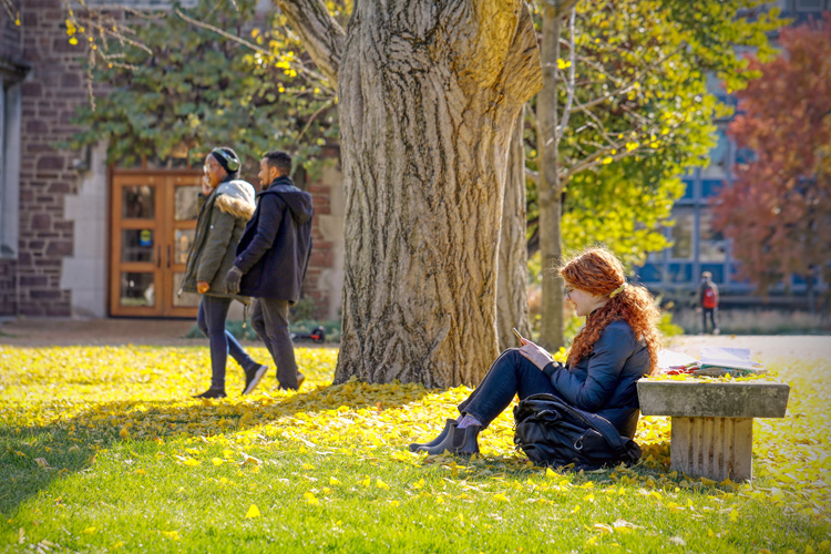 student studying outside on campus